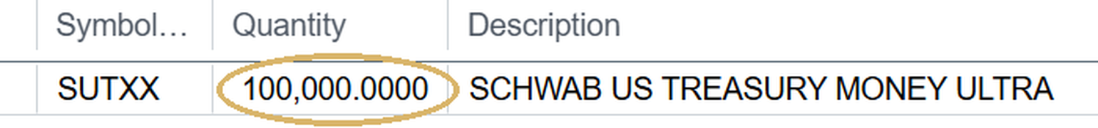 Zoomed detail of the transaction row showing 100,000.0000 shares of SUTXX, the Schwab US Treasury Money Market fund, circled in gold.